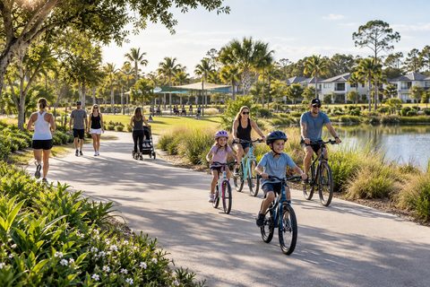 Illustrative concept of people walking and cycling on a wide landscaped community path