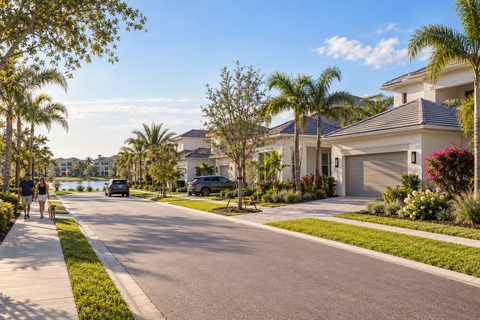 Illustrative concept of a Florida neighborhood street with tile roof homes and palm trees