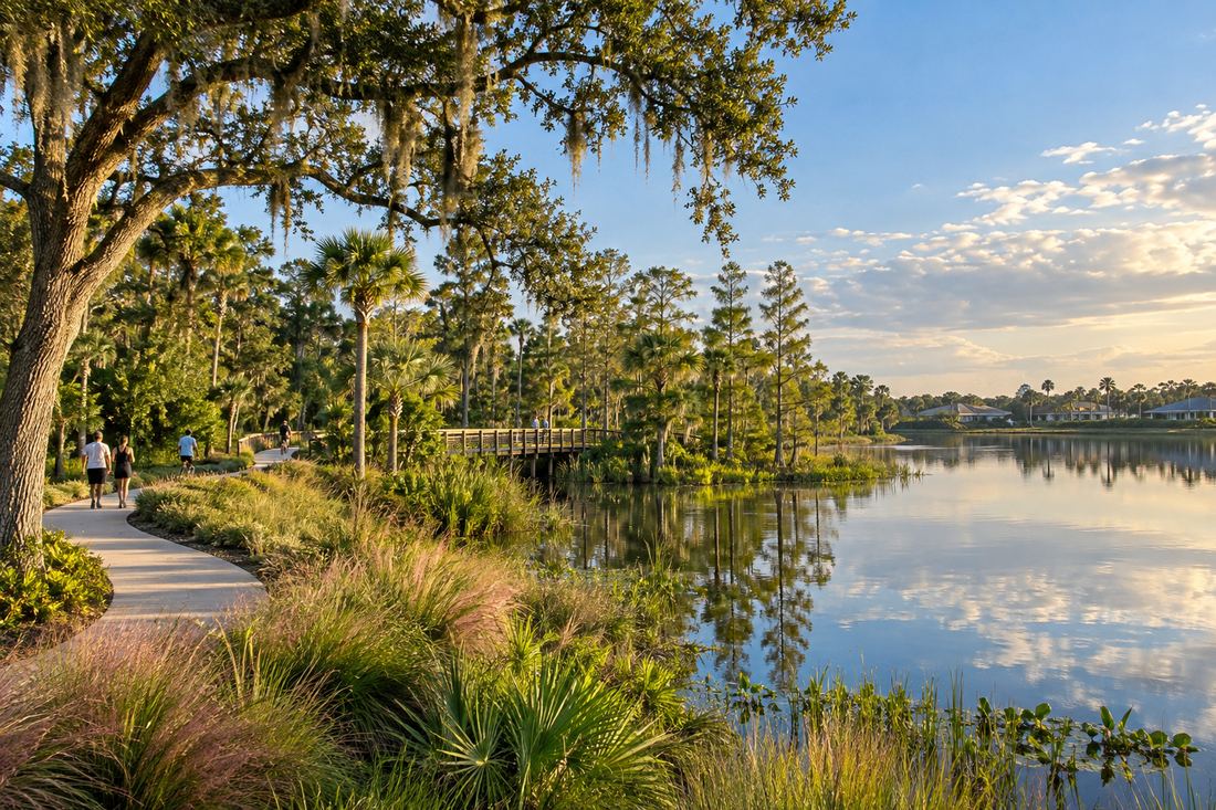 Illustrative concept of a shaded lakeside path with native grasses and cypress trees in Southwest Florida