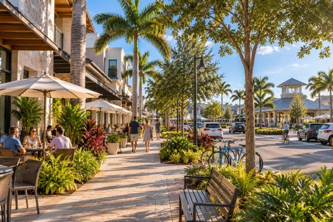Illustrative concept of a village center sidewalk with cafe seating, shopfronts and street trees