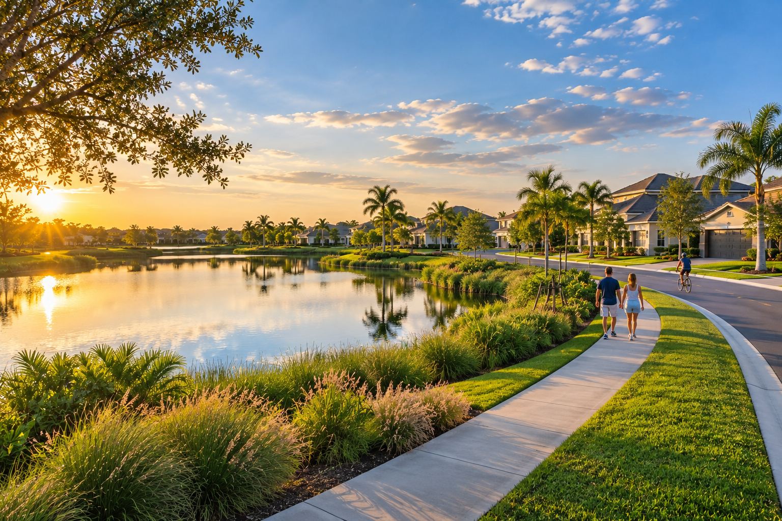 Illustrative concept of a lakeside walking path at sunset in a Southwest Florida master planned neighborhood