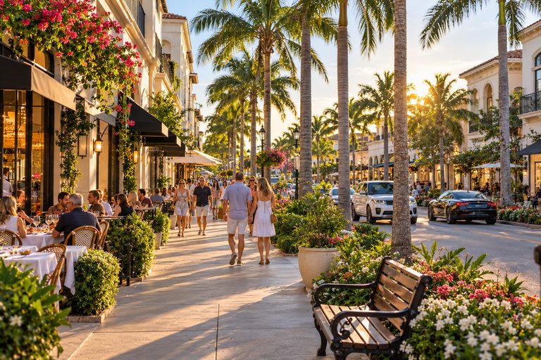Downtown Naples street with sidewalk dining, palm trees and boutique shops