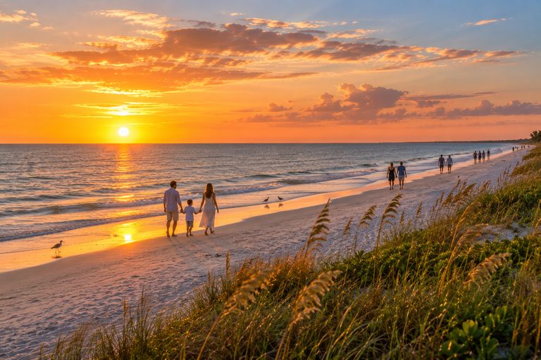 Gulf of Mexico beach at sunset with people walking near the water